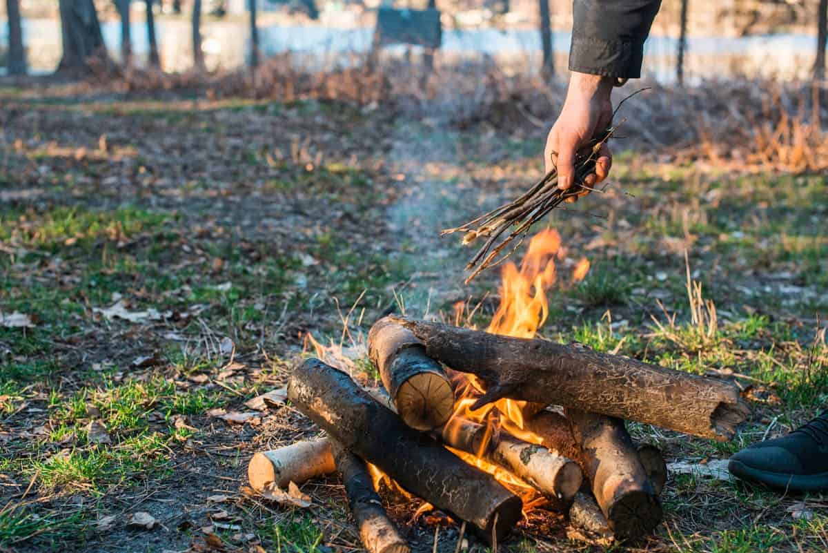 Personne allumant un feu de bois dans un environnement naturel en Algérie.