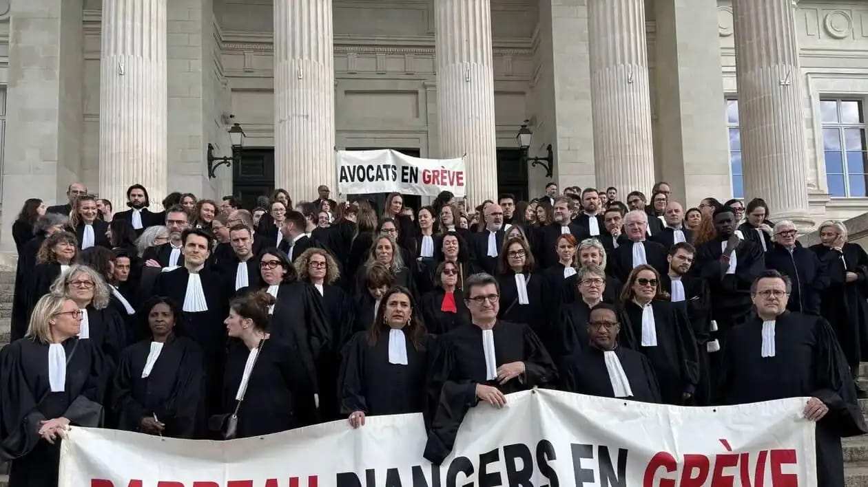 Avocats en grève devant un bâtiment officiel avec pancartes.
