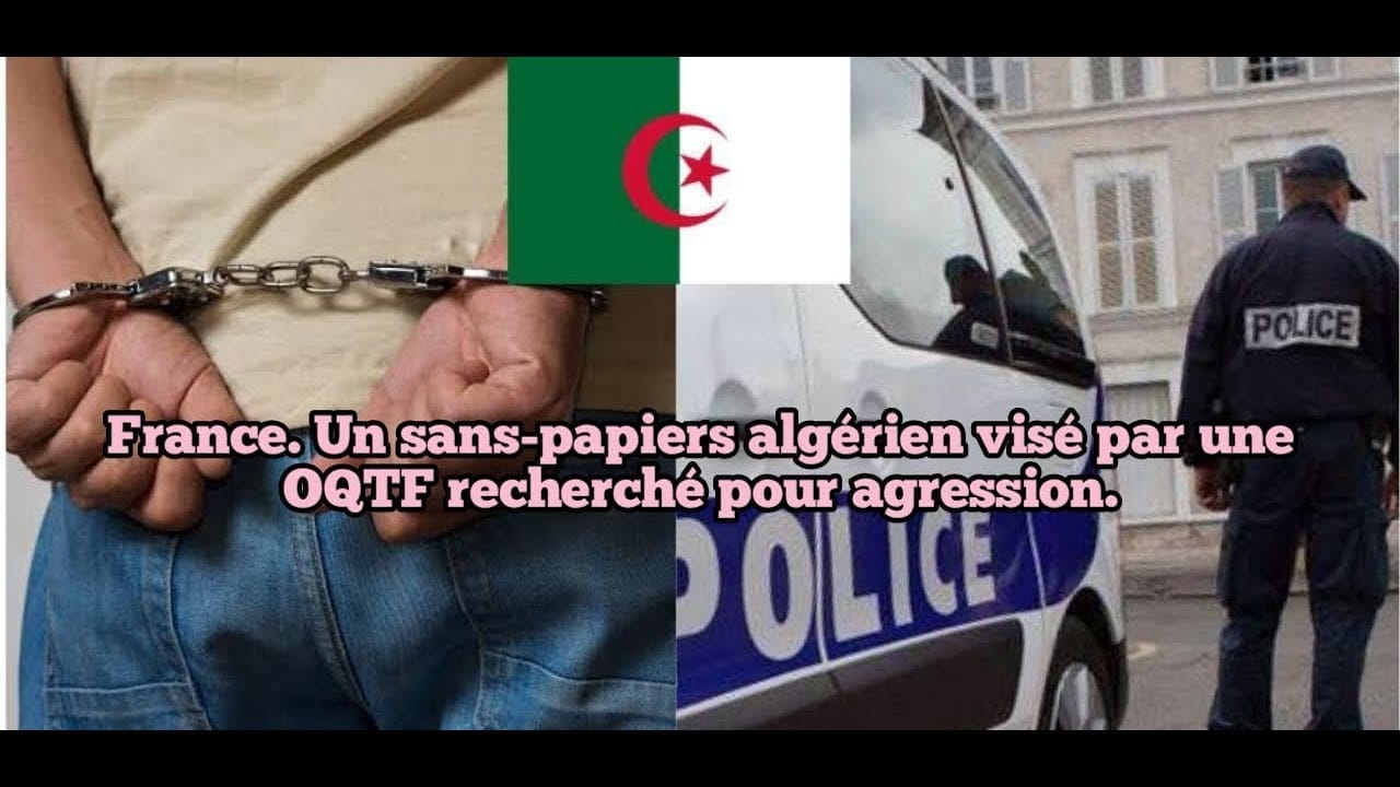 Jeune homme en mains menottées, police en action, drapeau algérien et police en France.