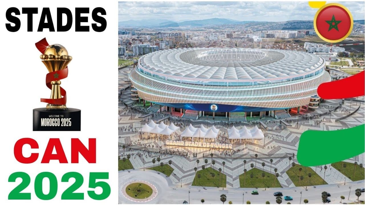 Stade moderne au Maroc pour la CAN 2025 avec drapeau marocain.