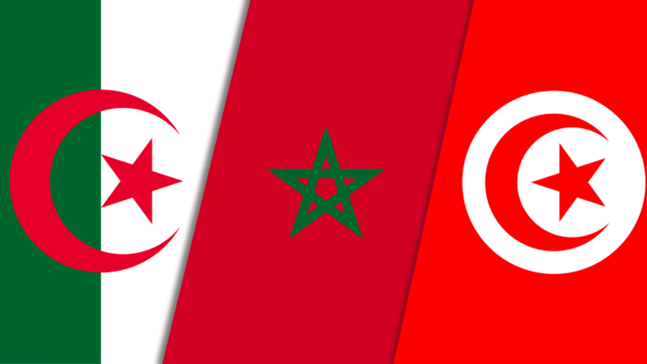 Drapeaux de l'Algérie, du Maroc et de la Tunisie côte à côte.