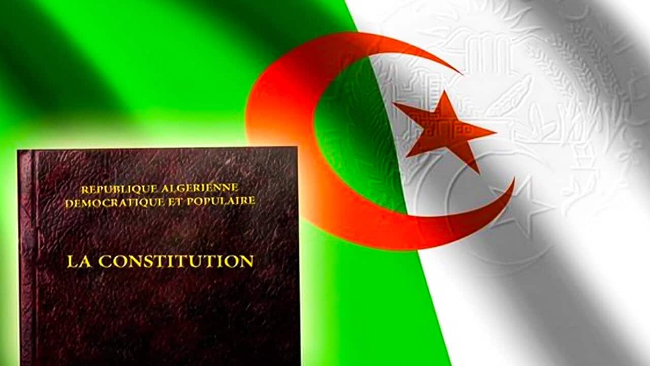 Livre de la Constitution algérienne avec drapeau national en arrière-plan.