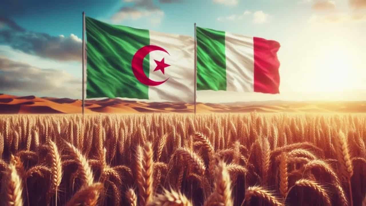 Drapeaux d'Algérie et d'Italie dans un champ de blé au coucher du soleil.
