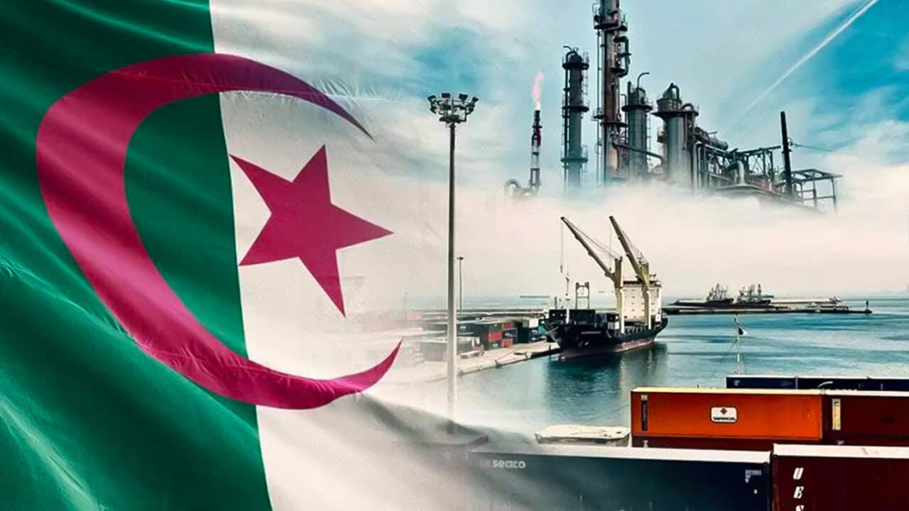 Image illustrant l'industrie pétrolière en Algérie avec drapeau national.