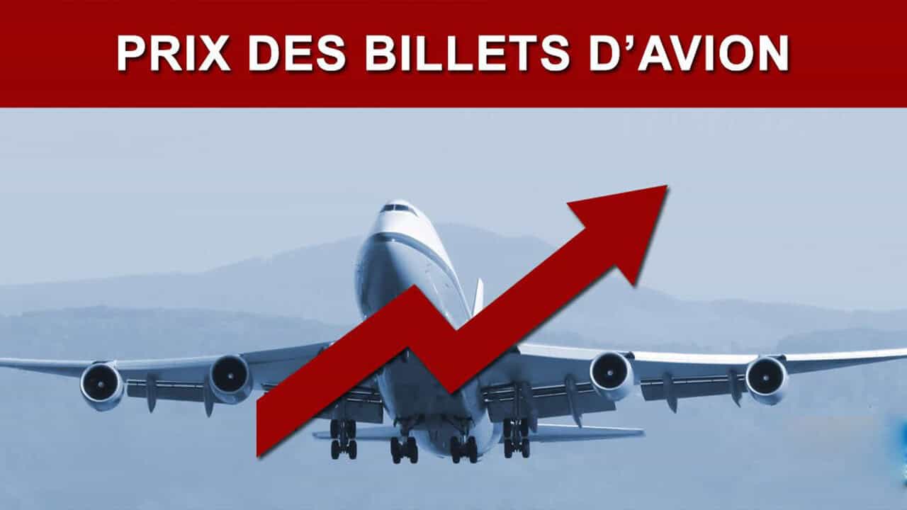 Avion en vol avec flèche indiquant une augmentation des prix.