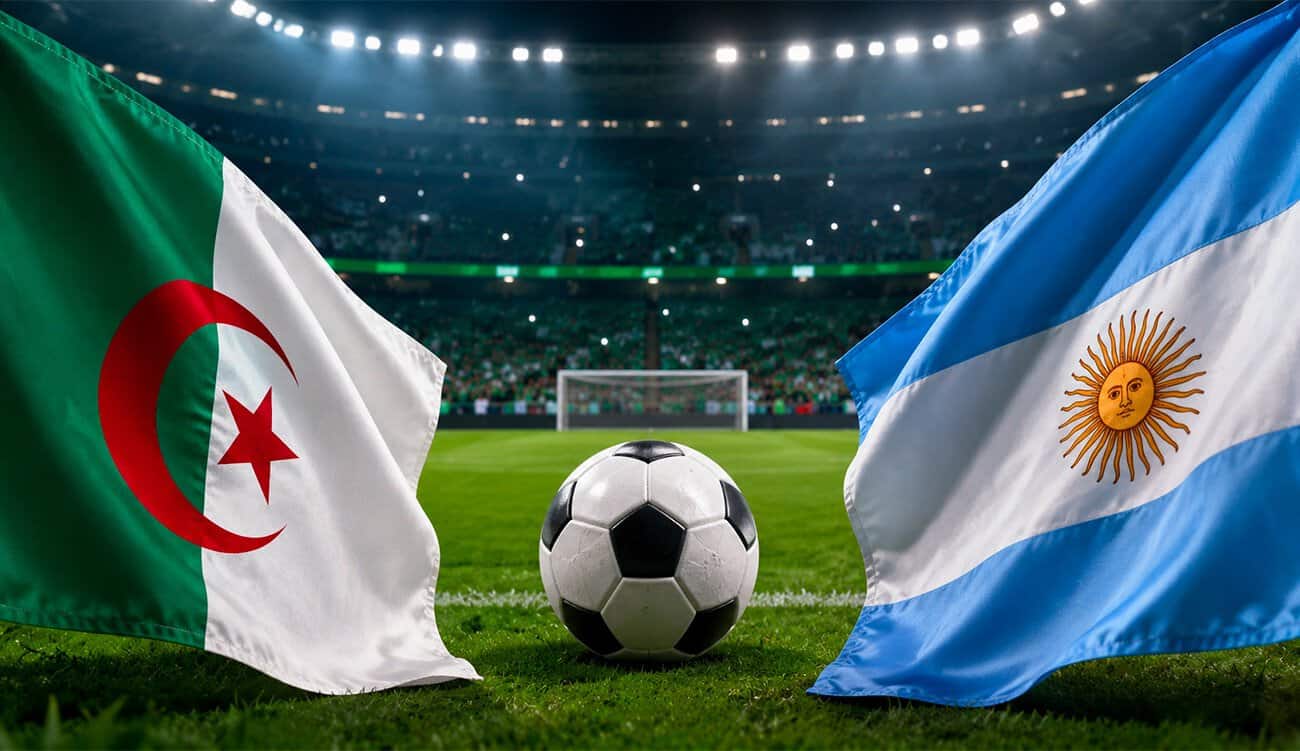 Drapeaux d'Algérie et d'Argentine sur un terrain de football.