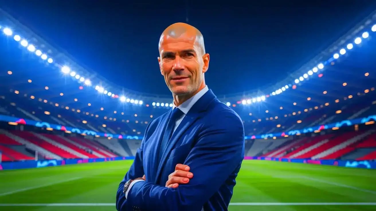 Zinedine Zidane, légende du football, dans un stade vide.