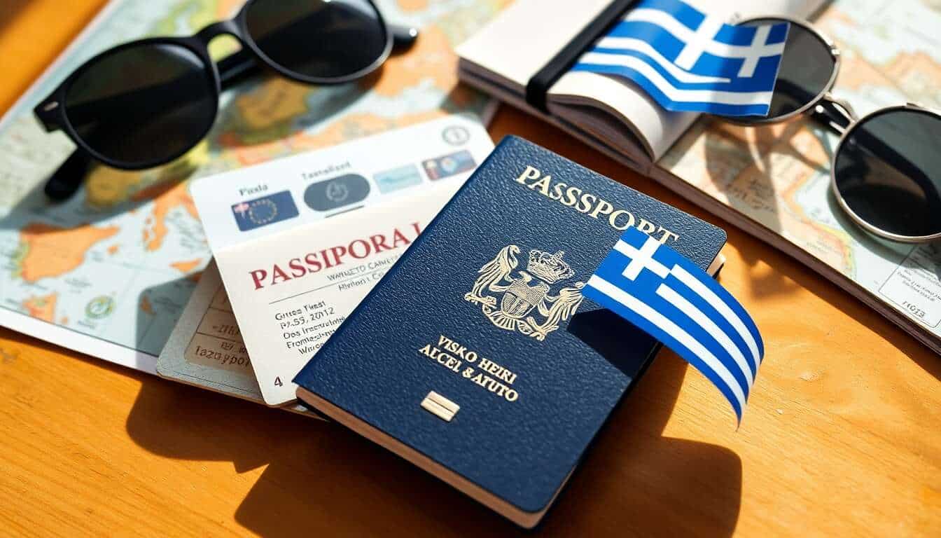 Passeport grec, visa, et accessoires de voyage sur une table en bois.