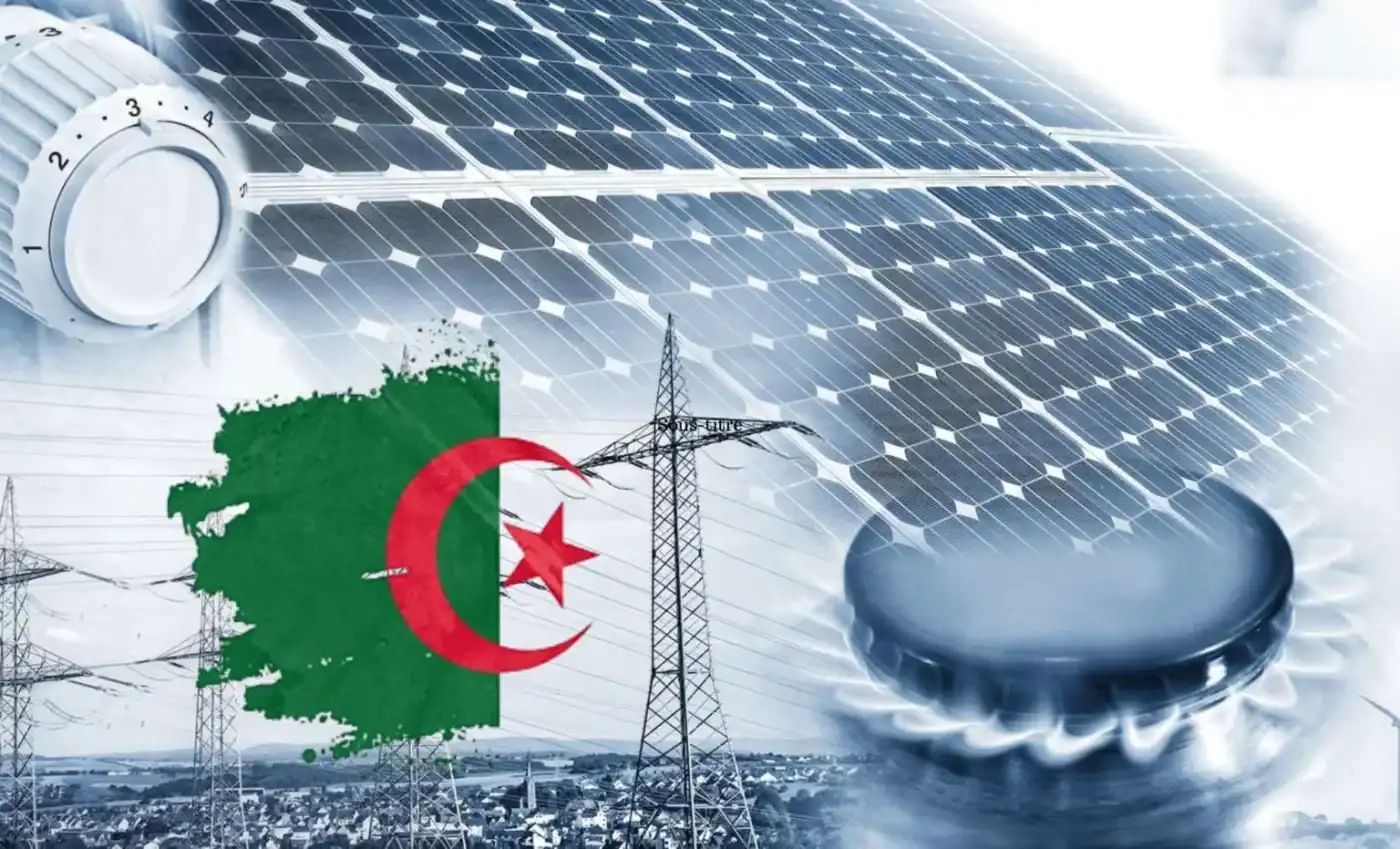 Panneaux solaires, éoliennes et drapeau algérien pour l'énergie verte.
