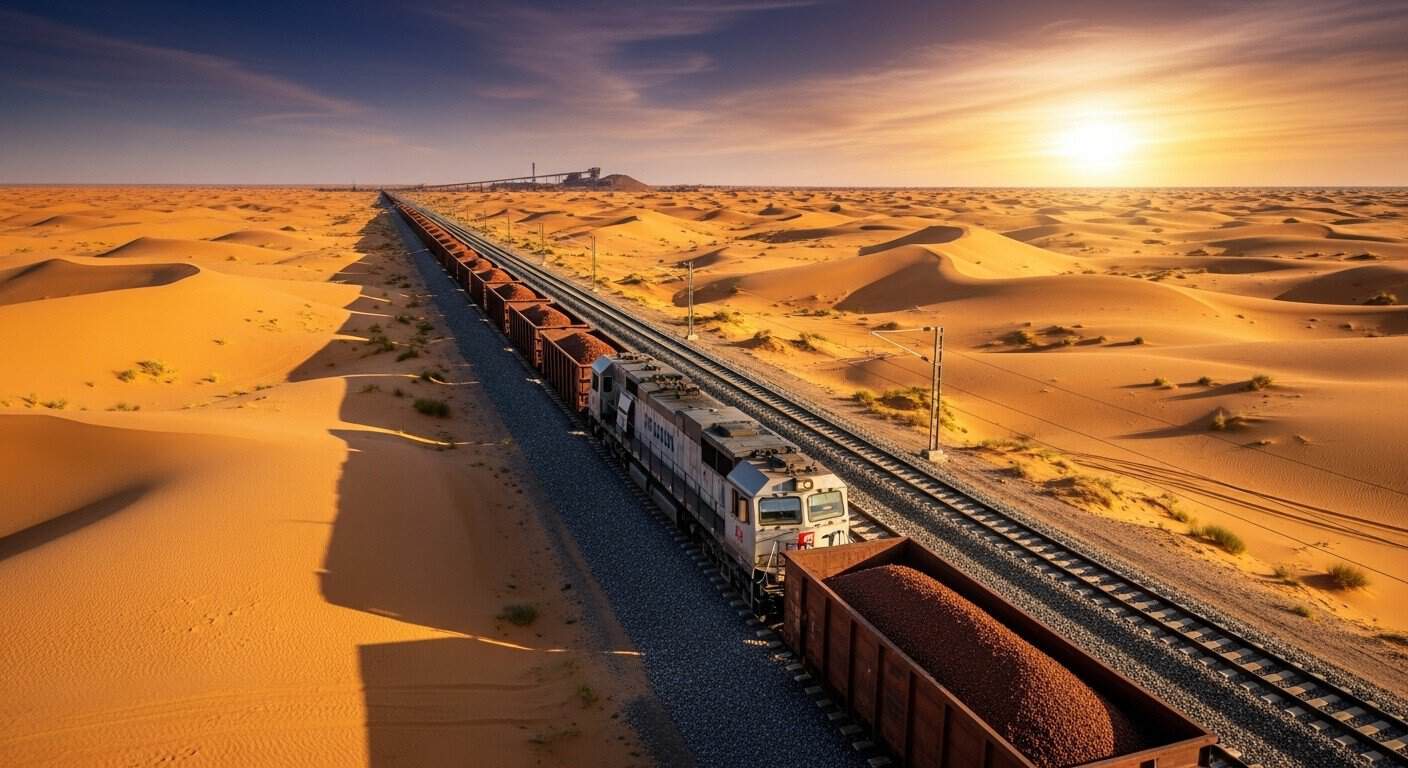 Train de fret traversant le désert avec coucher de soleil.
