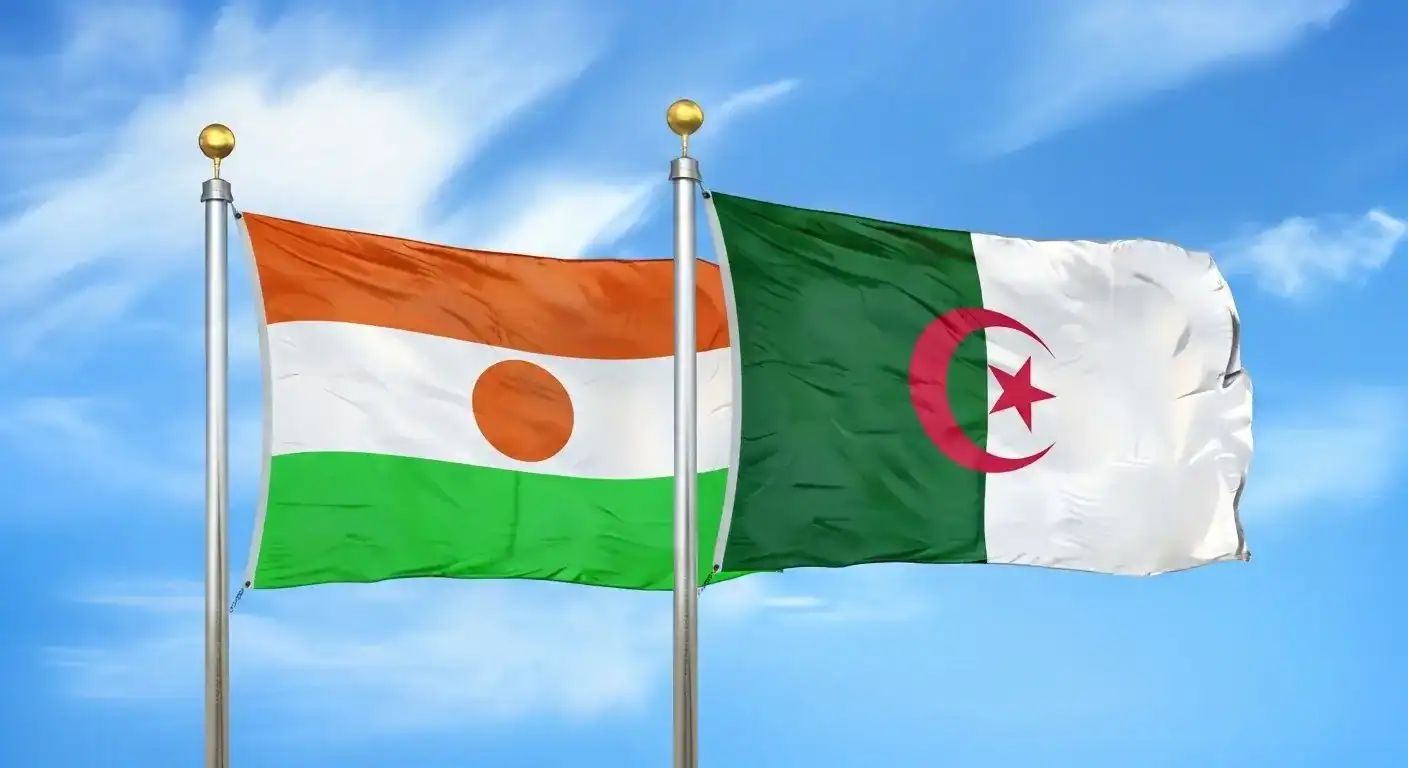 Drapeaux du Niger et d'Algérie flottant dans le ciel bleu.
