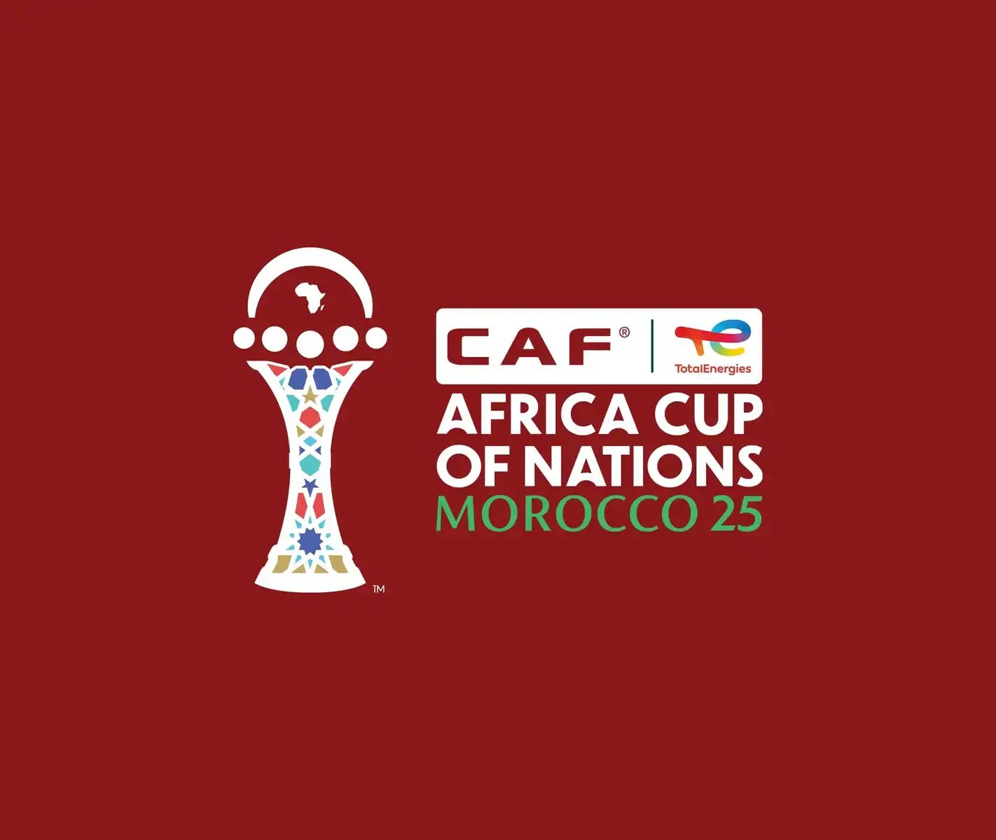 Logo de la CAN 2025 Maroc avec trophée stylisé.