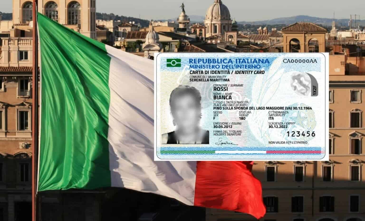 Carte d'identité italienne avec drapeau national en arrière-plan.