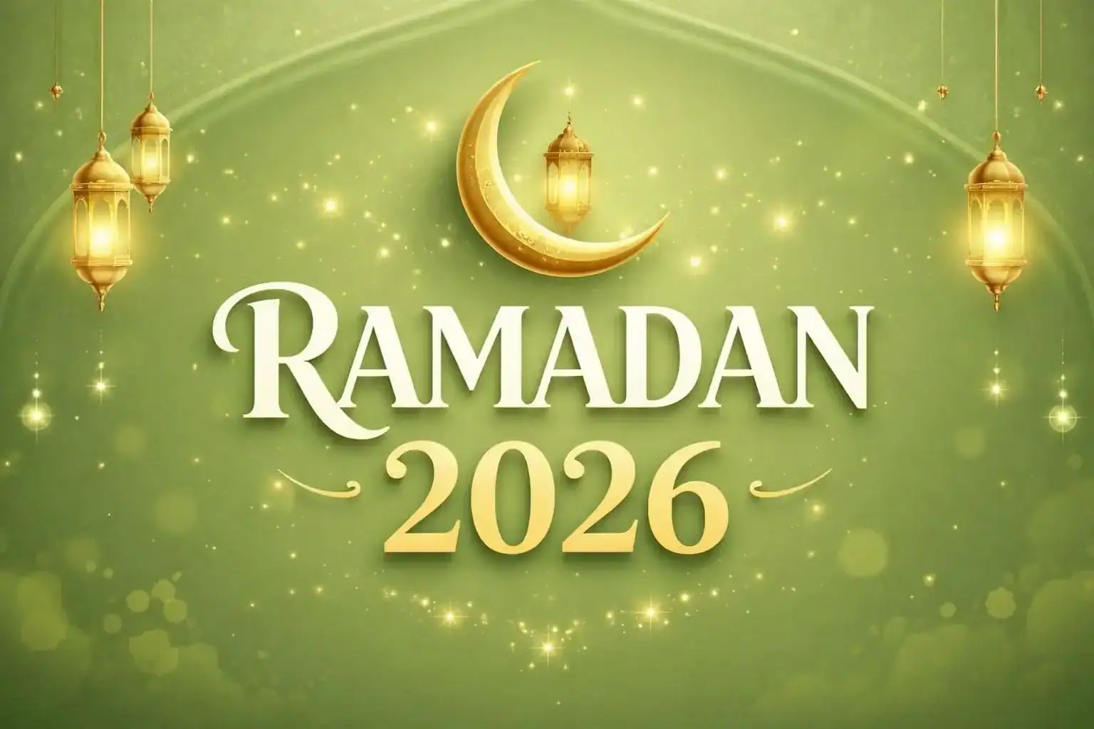 Célébration du Ramadan 2026 avec croissant de lune et lanternes.