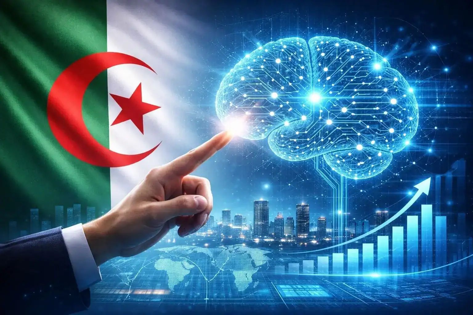 Cerveau numérique et drapeau algérien pour l'IA.