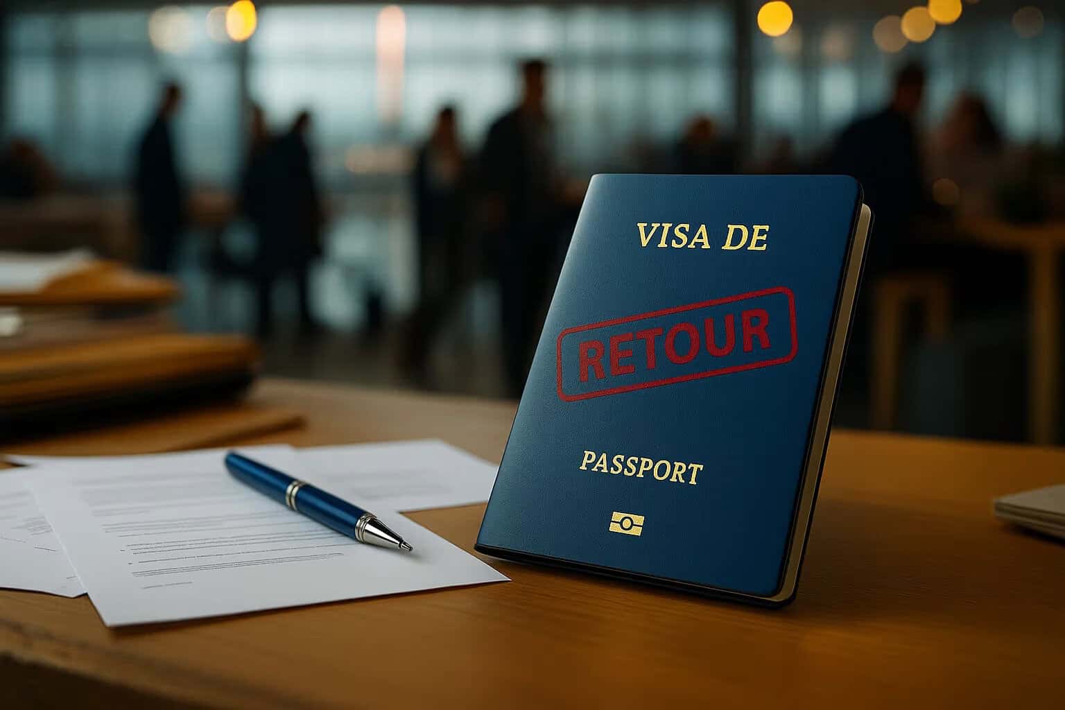 Passeport avec visa de retour sur une table d'aéroport.