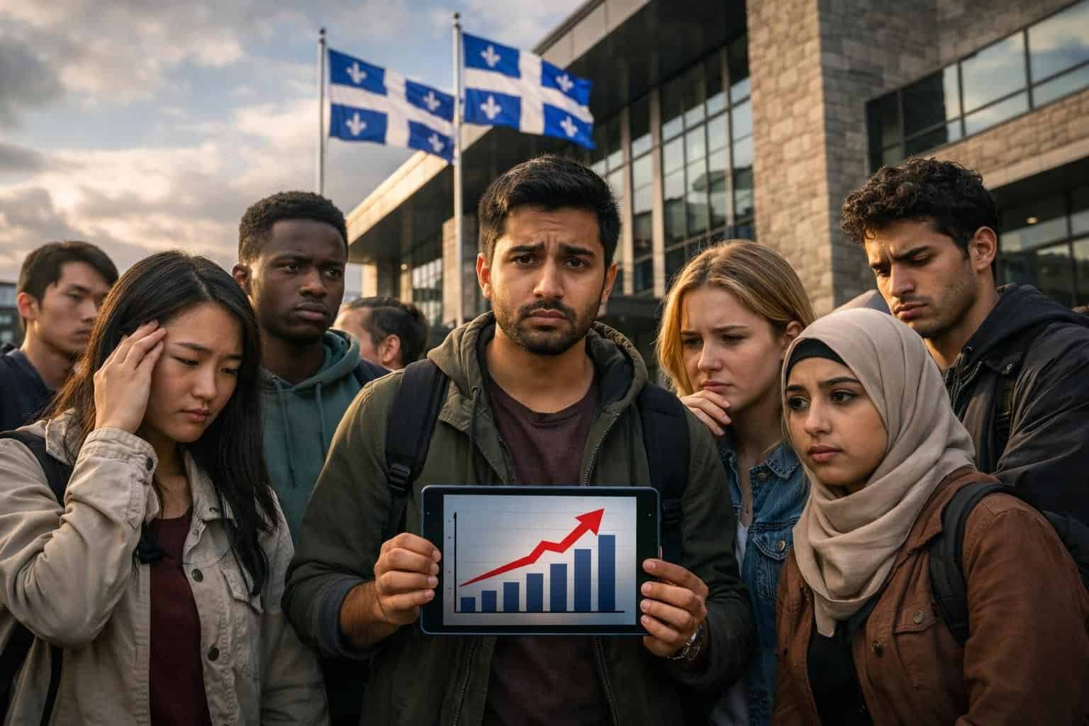 Groupe d'étudiants internationaux devant un bâtiment moderne.