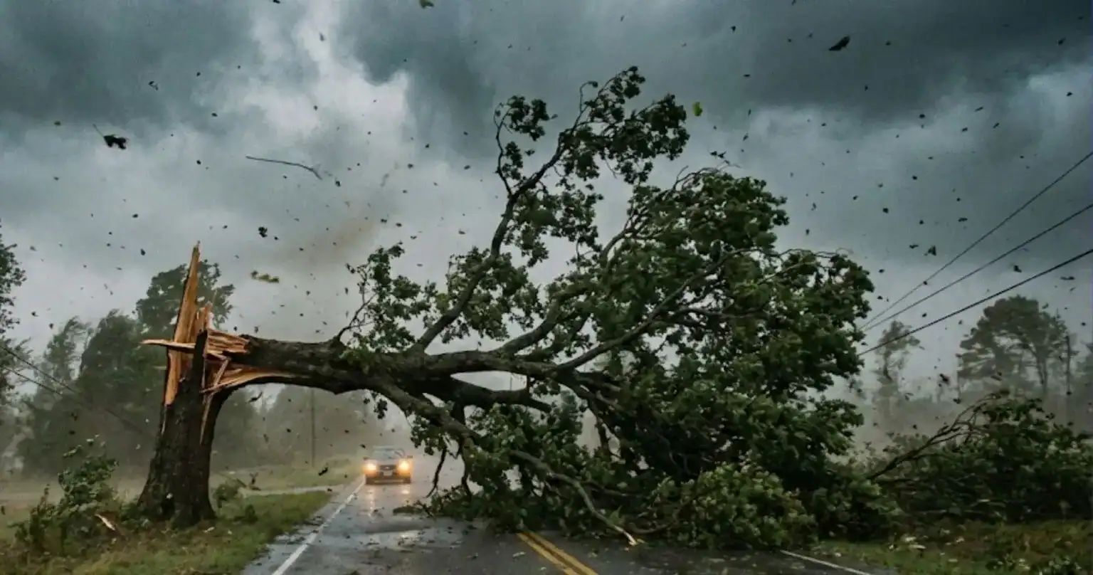Arbre déraciné par une tempête en Algérie, route bloquée par des débris.