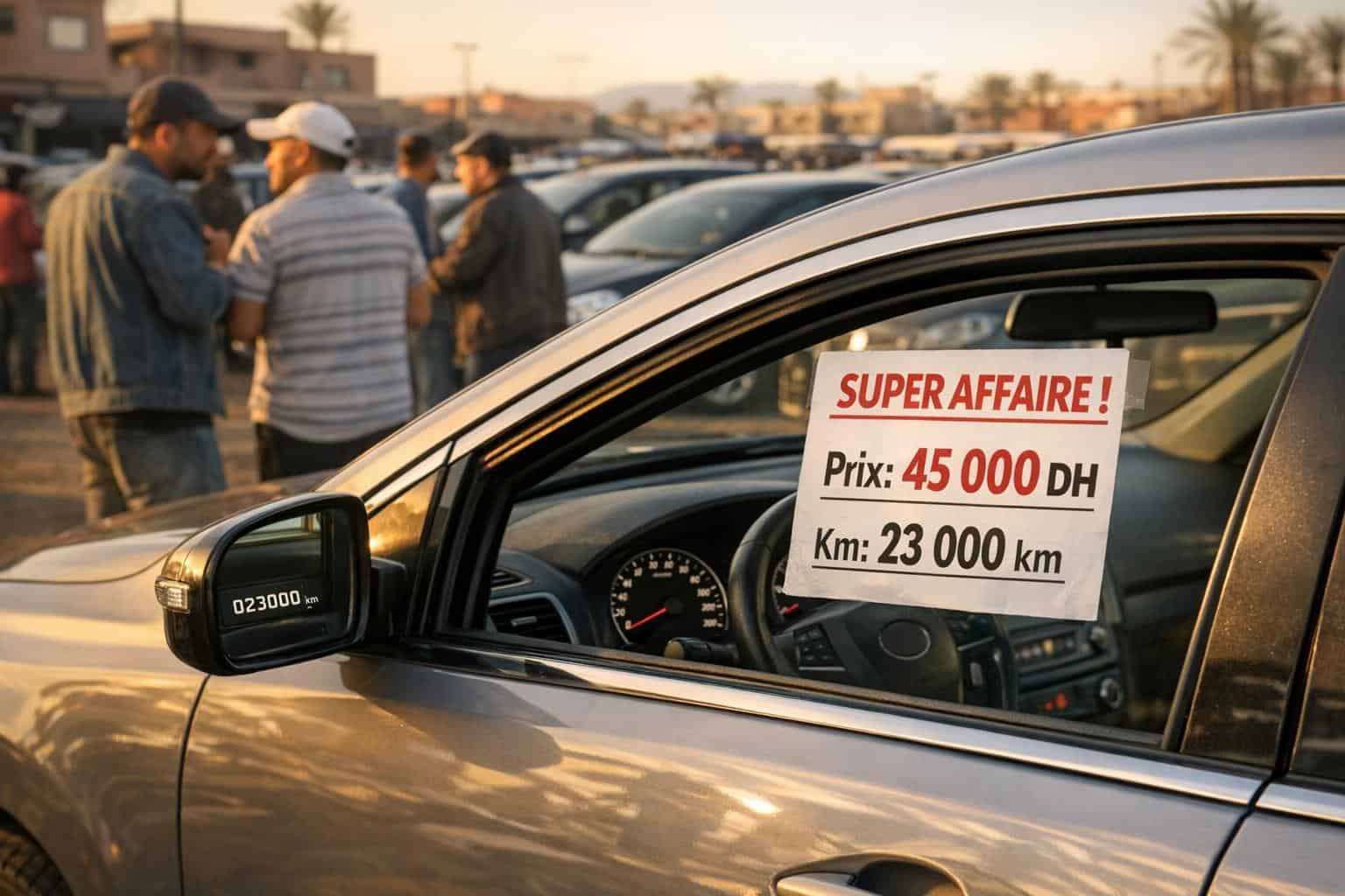 Voiture avec annonce de vente à prix réduit et kilométrage.