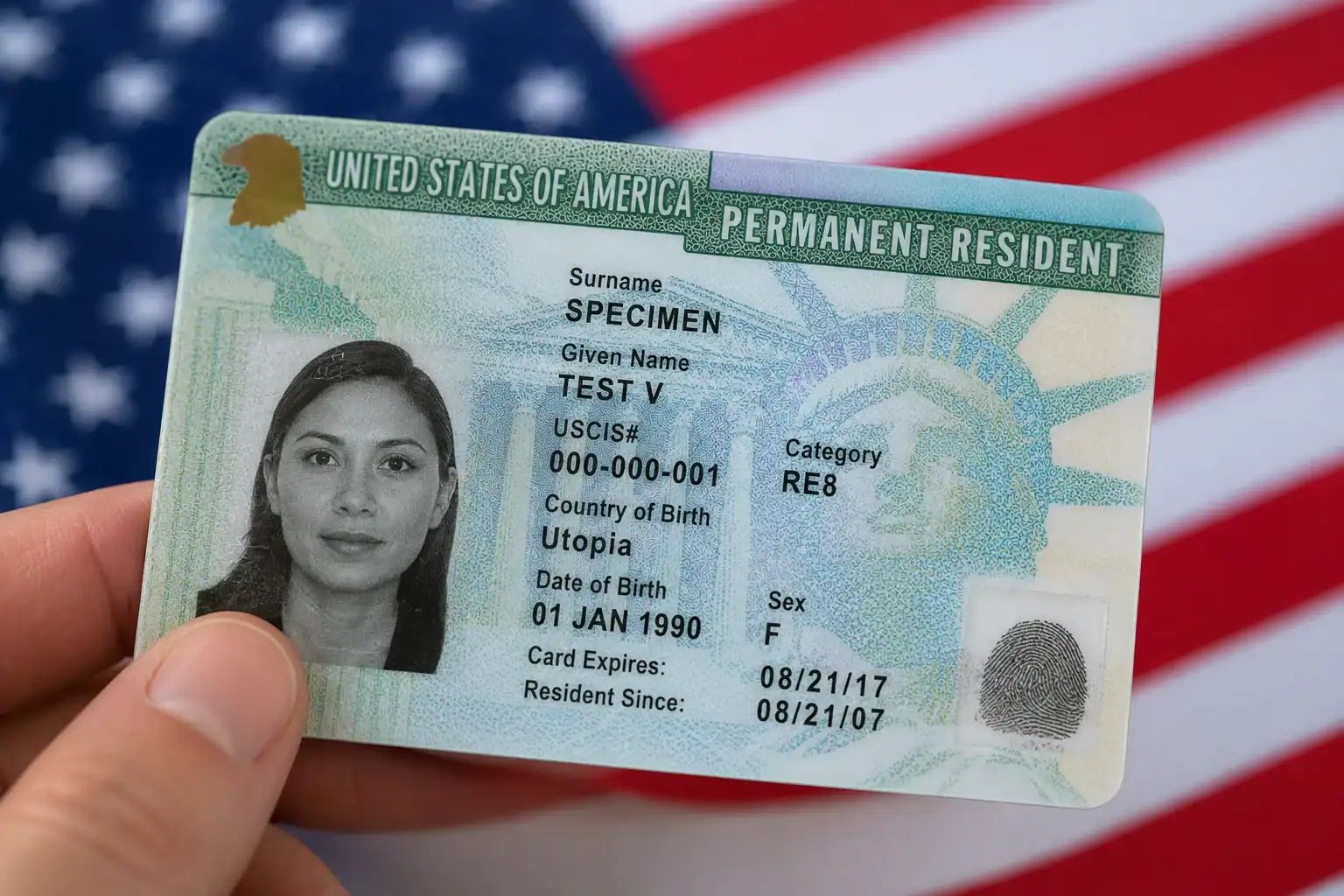 Carte verte américaine avec photo et détails du résident permanent.