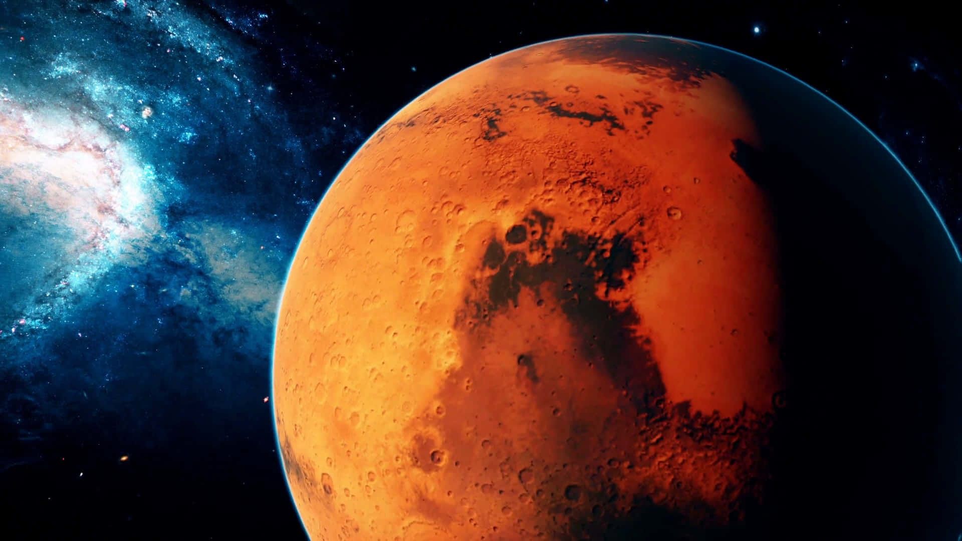 Planète Mars avec surface rouge et cratères, dans l'espace cosmique étoilé.