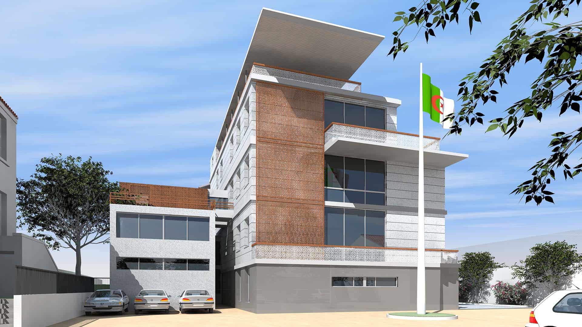 Bâtiment moderne du consulat d’Algérie à Marseille avec drapeau algérien.
