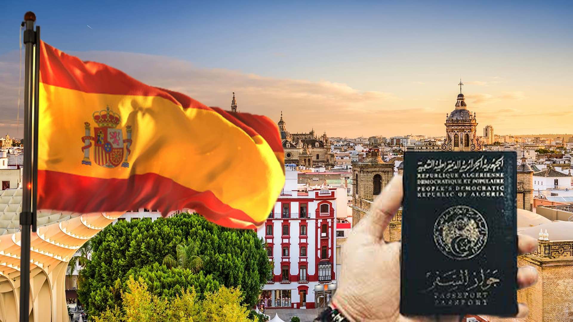 Drapeau espagnol et passeport algérien sur fond de ville.