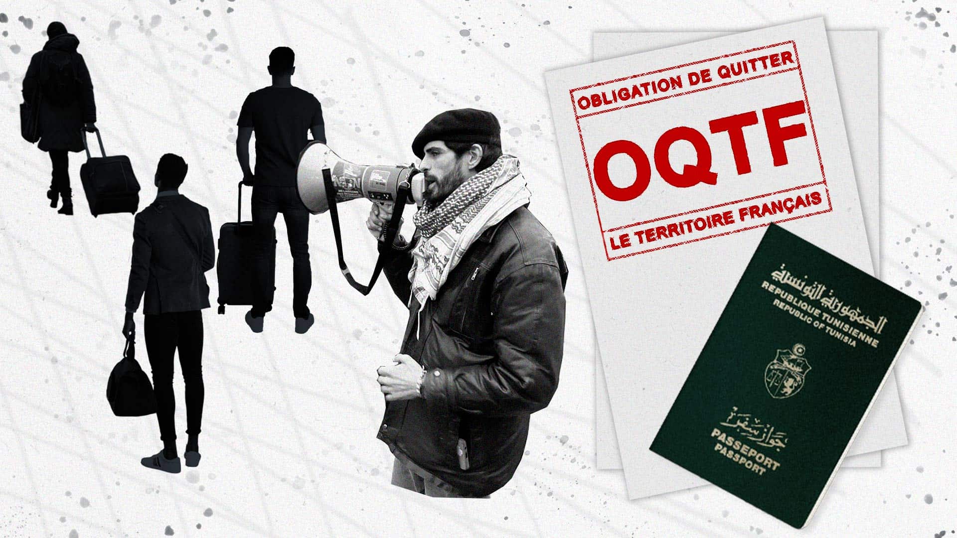 Homme avec mégaphone et passaports, migration et OQTF en France.
