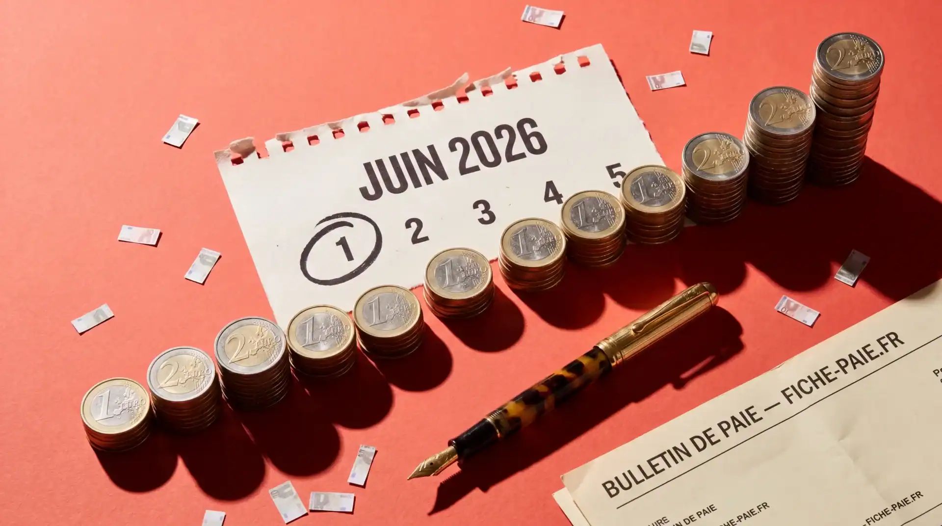 Pièces de monnaie empilées avec calendrier juin 2026 et fiche de paie.