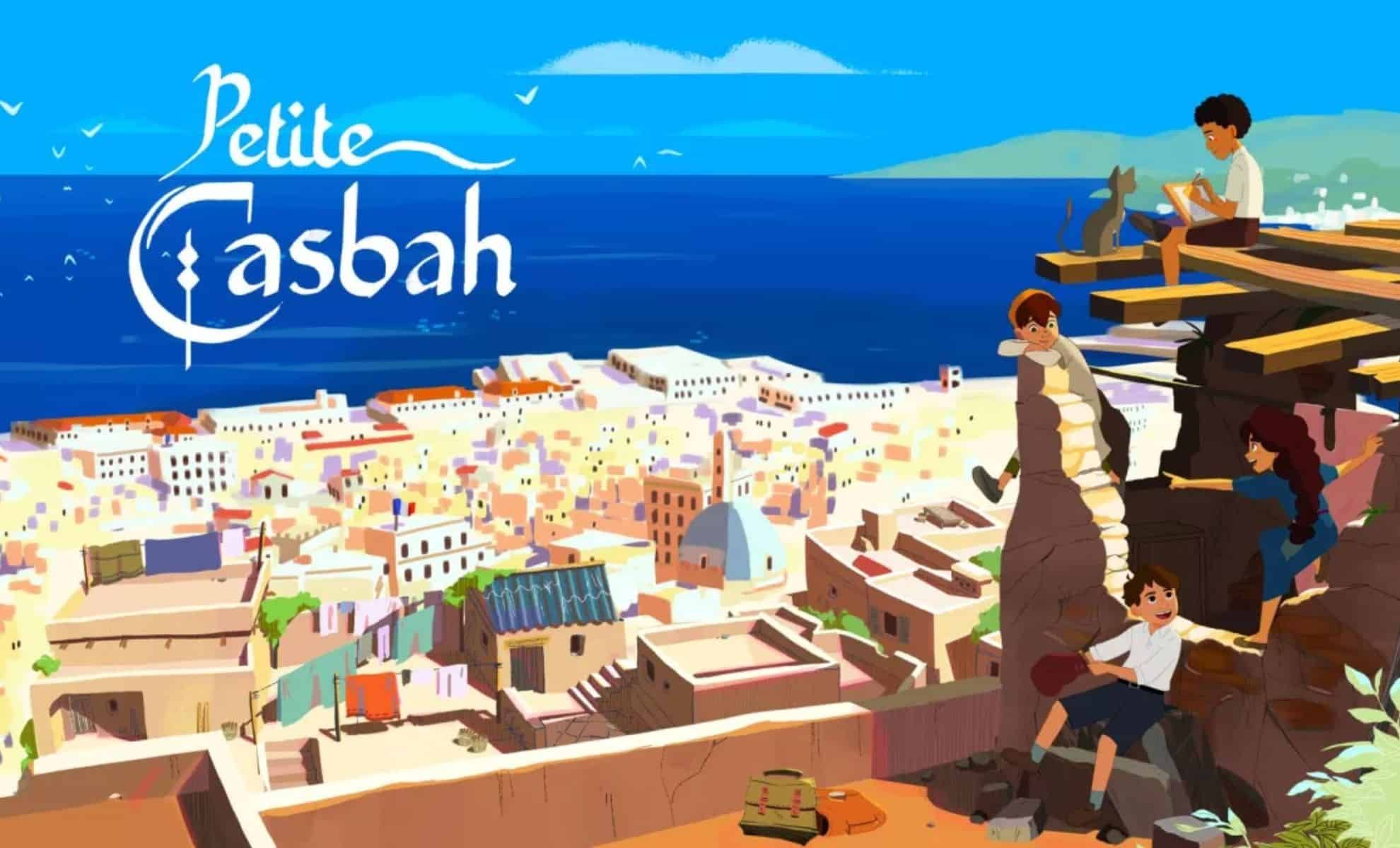 Scène de la Petite Casbah avec vue sur la ville et enfants jouant.