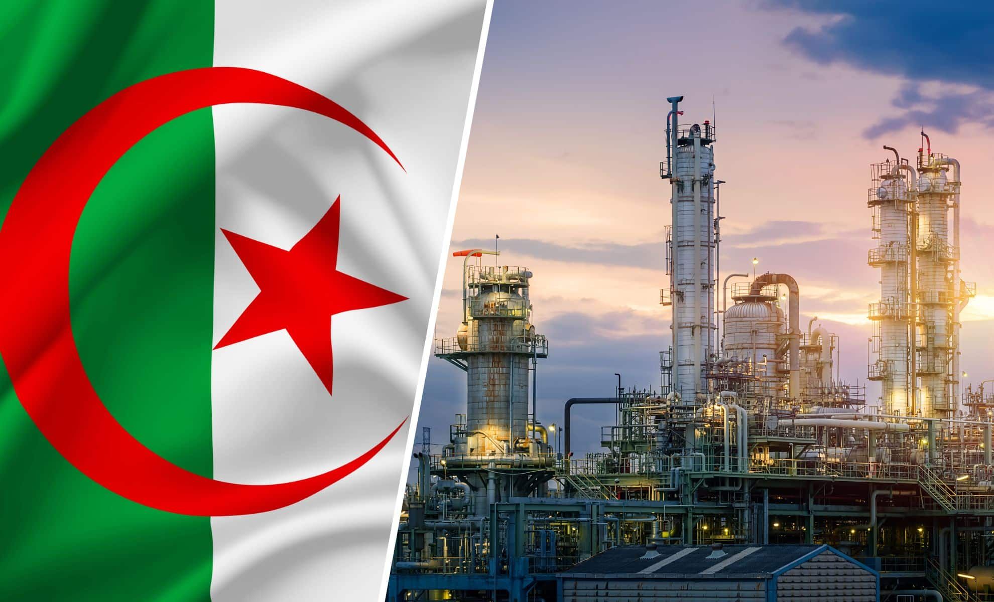 Image illustrant l'industrie pétrolière en Algérie avec drapeau national.