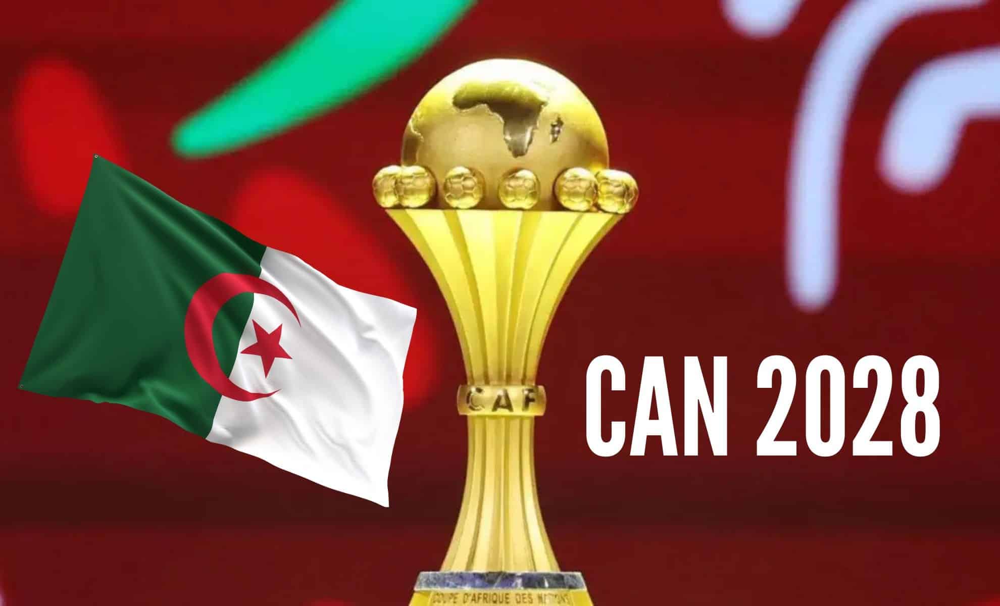 Trophée de la CAN 2028 avec drapeau algérien en arrière-plan.