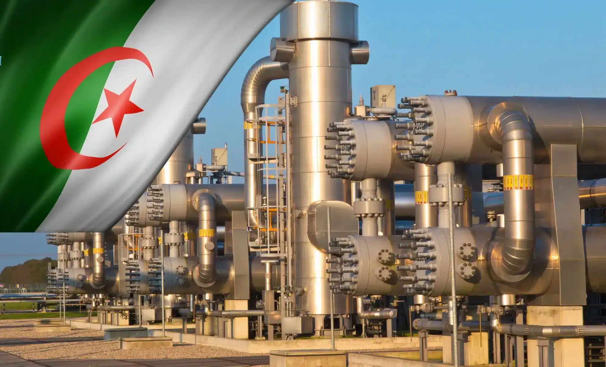 Usine de gaz en Algérie avec drapeau algérien en superposition.