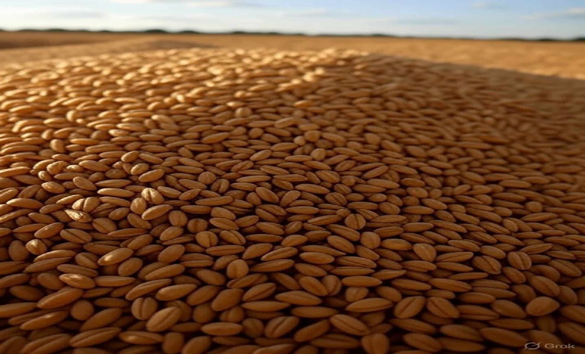 Grains de blé séchant au soleil dans un champ vaste.