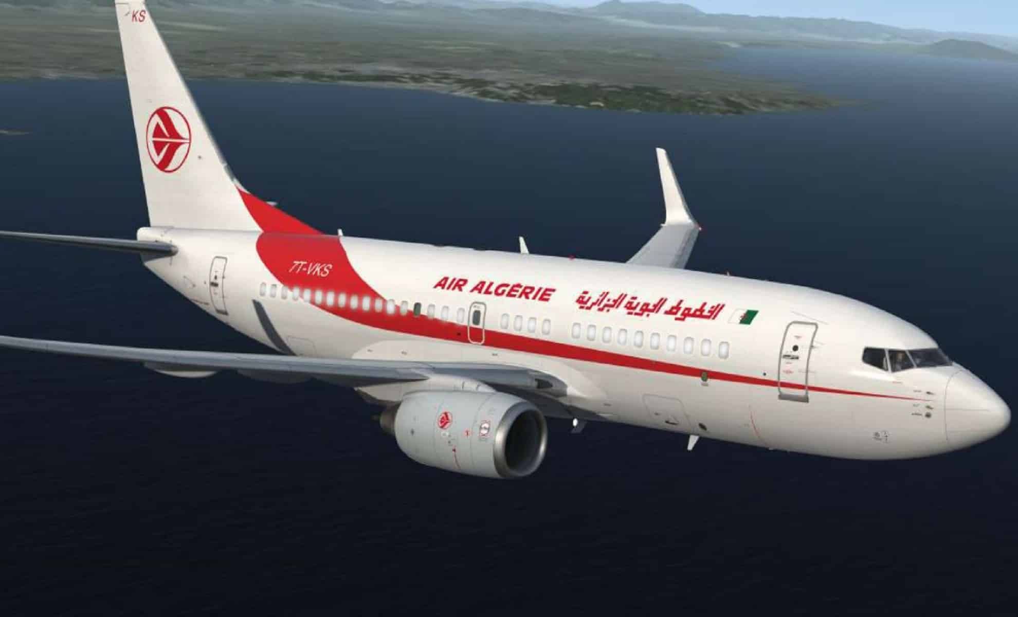 Avion Air Algérie survolant l'océan avec vue sur la côte.