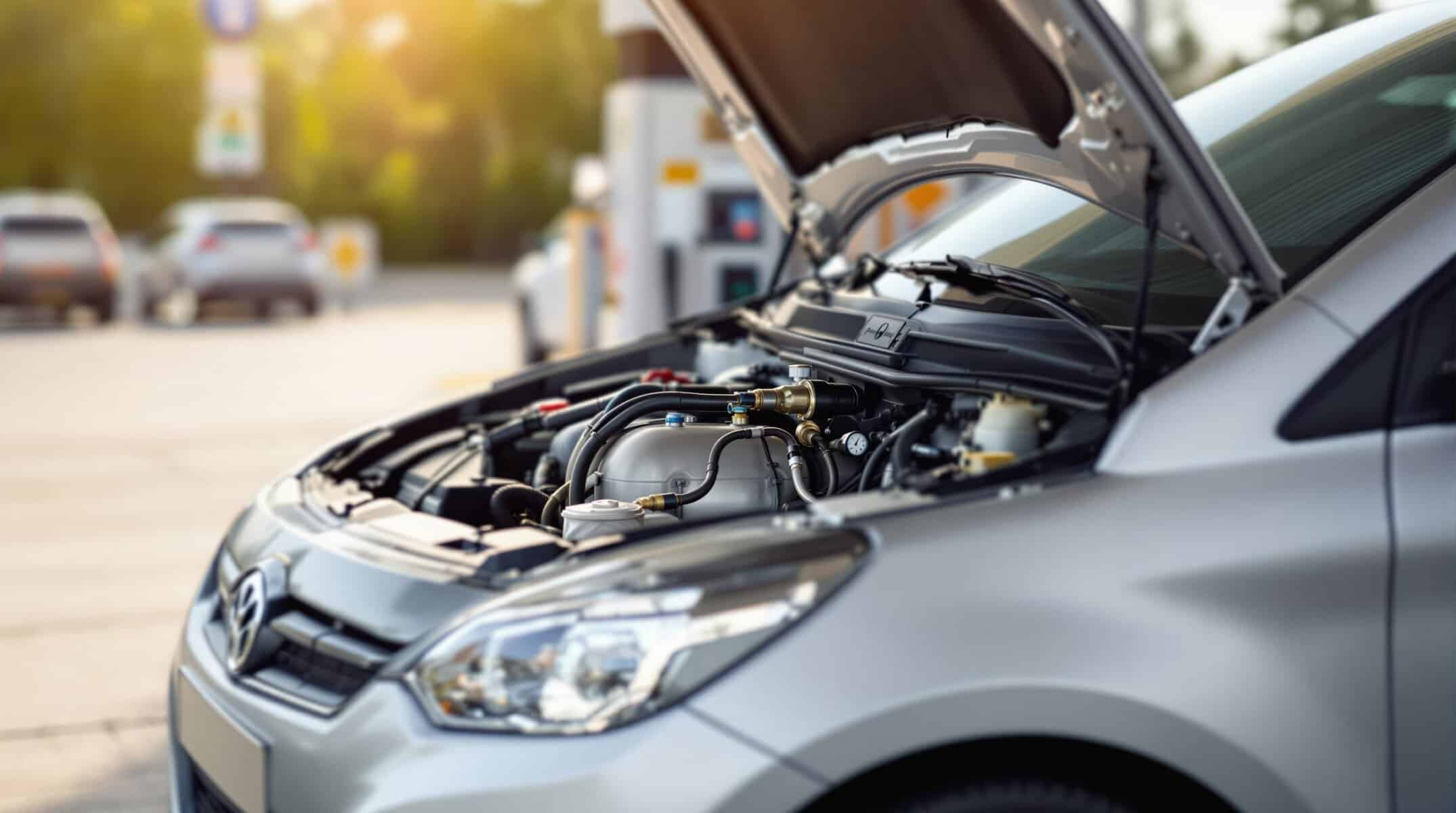 Voiture essence avec capot ouvert montrant le moteur à gaz naturel.