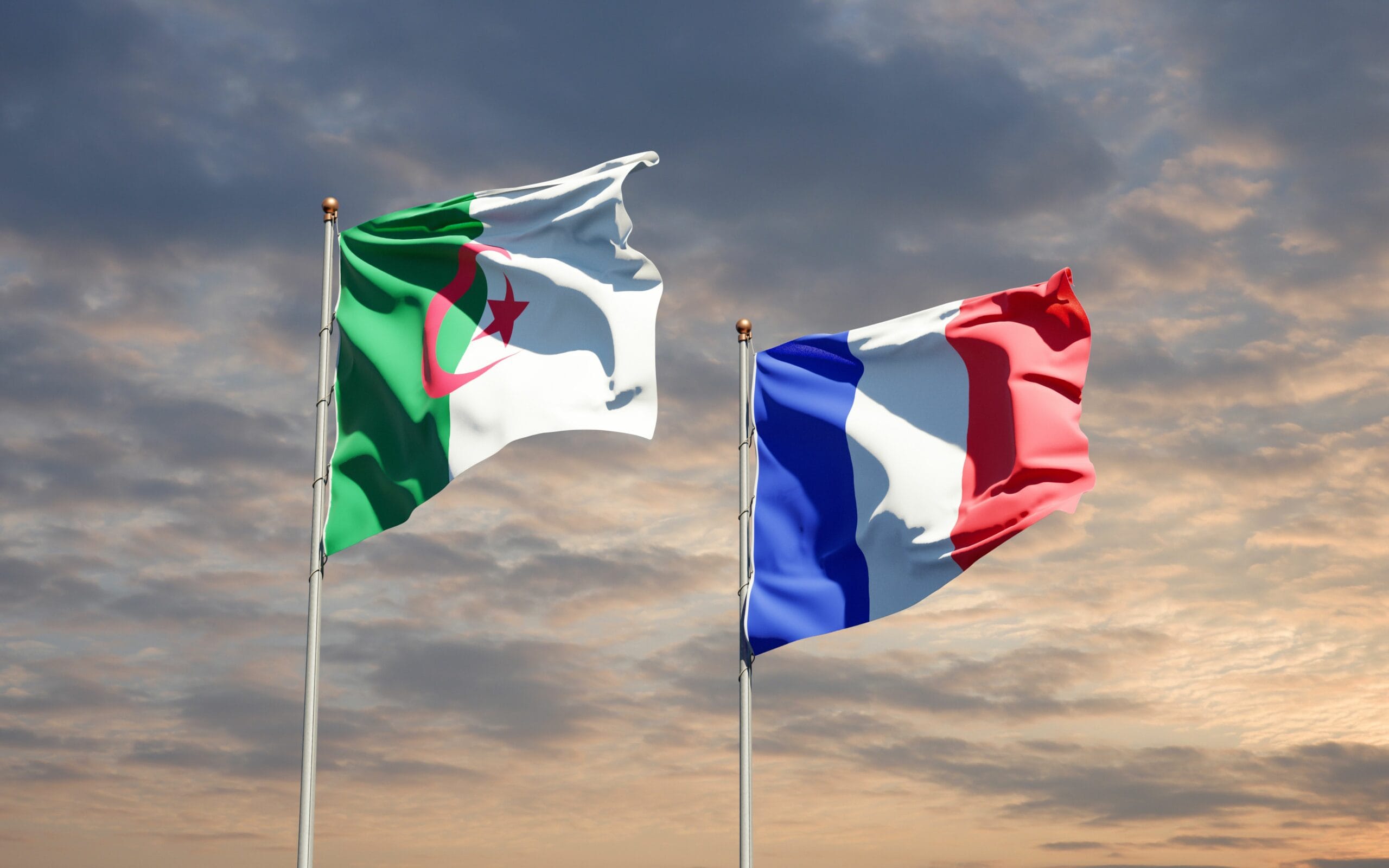 Beautiful national state flags of France and Algeria together at the sky background. 3D artwork concept.; Shutterstock ID 1848066196; purchase_order: -; job: -; client: -; other: -