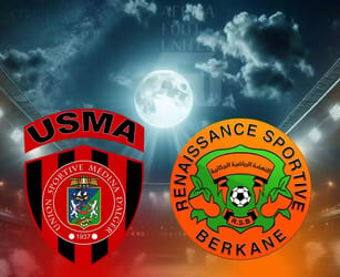 Logo de l'USMA et de la RS Berkane sous un ciel nocturne avec pleine lune.