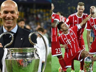 Zinedine Zidane et joueurs du Bayern Munich en célébration.