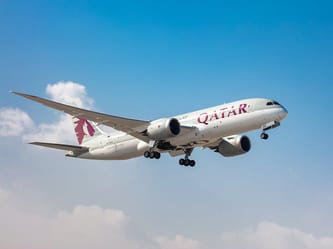 Avion Qatar Airways en vol dans un ciel bleu clair.