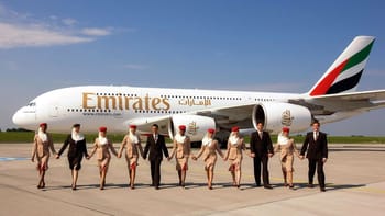 Passagers d'Emirates en uniforme marchant devant un avion à l'aéroport.