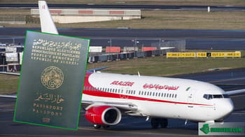 Avion d'Algérie sur la piste avec passeport algérien en premier plan.