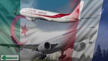 Avion Air France en vol, drapeau algérien en arrière-plan.