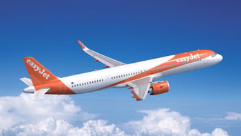 Avion EasyJet en vol dans un ciel clair avec nuages.