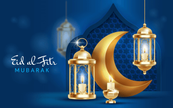 Décoration de l'Aïd Al-Fitr avec croissant de lune et lanternes dorées.