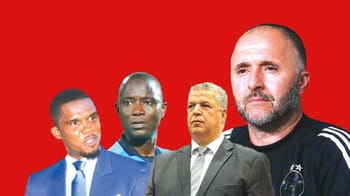 Quatre hommes politiques et un homme en tenue sportive contre un fond rouge.