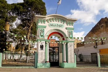 Porte ancienne de Tunis avec drapeau et décorations colorées.