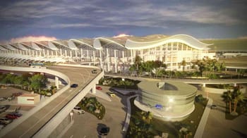 Vue aérienne de l'aéroport de Casablanca avec architecture innovante.