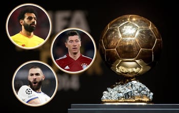 Ballon d'Or 2022 avec portraits des favoris et trophée doré.
