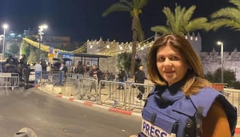 Journaliste en reportage avec gilet presse devant un mur historique illuminé.
